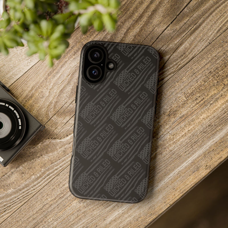 Rugged black protective phone case by Printify featuring a textured "TOUGH CASES" pattern.