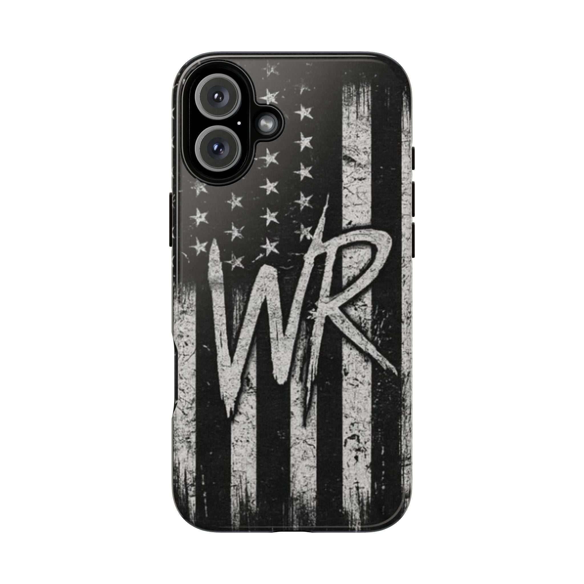Distressed American flag phone case featuring a monogram "WR" by Printify, showcasing a tough design for protection.