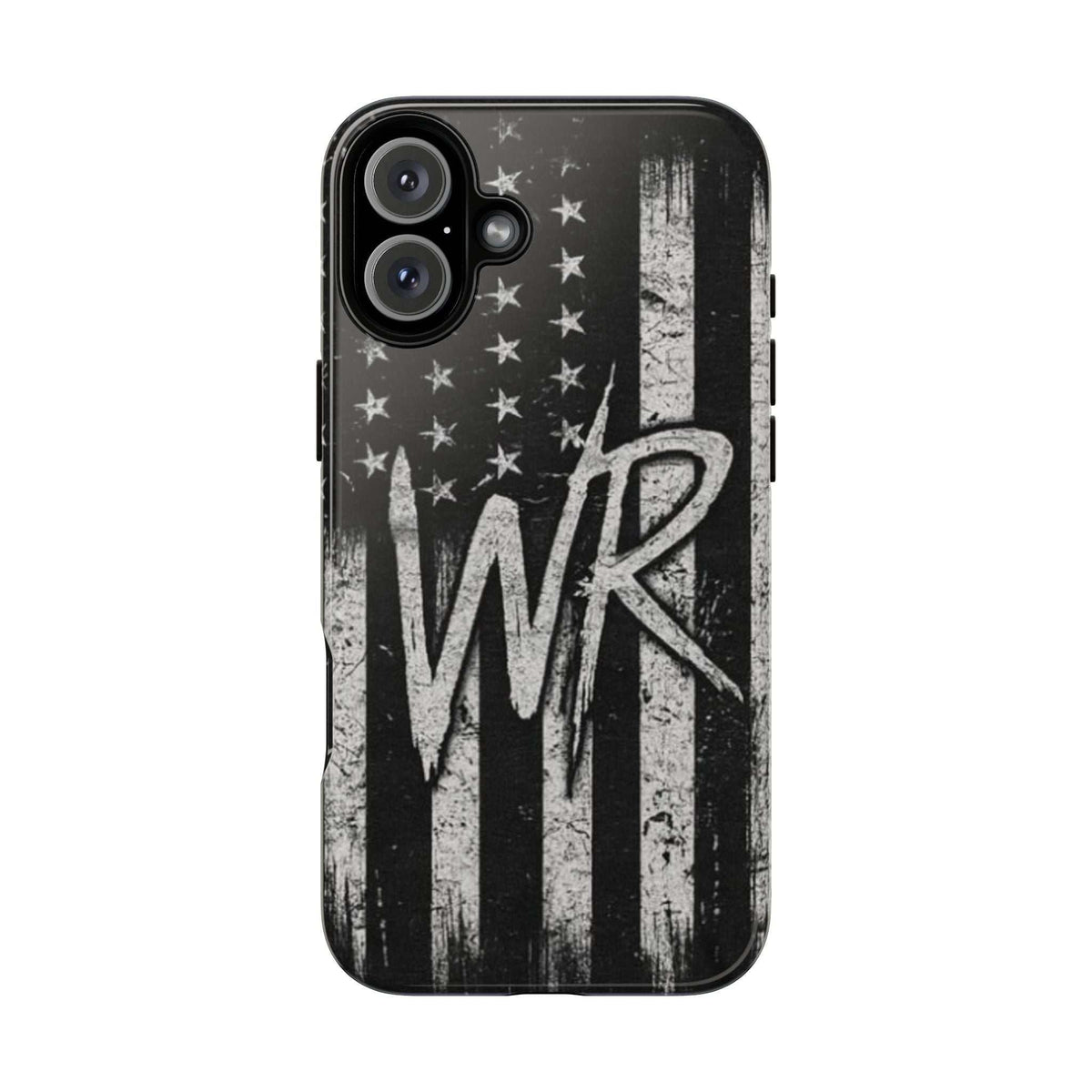 Distressed American flag phone case featuring a monogram "WR" by Printify, showcasing a tough design for protection.