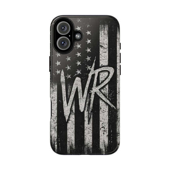 Distressed American flag phone case featuring a monogram "WR" by Printify, showcasing a tough design for protection.