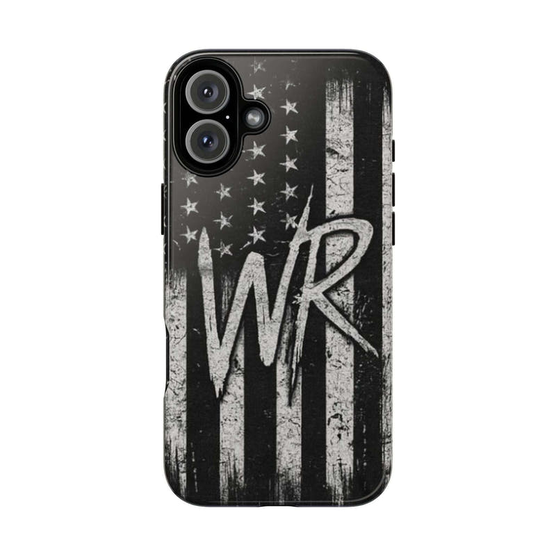Distressed American flag phone case featuring a monogram "WR" by Printify, showcasing a tough design for protection.