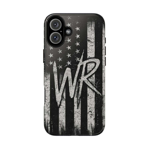 Distressed American flag phone case featuring a monogram "WR" by Printify, showcasing a tough design for protection.