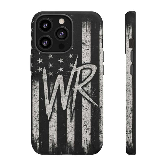 Patriotic monogram tough phone case featuring a distressed American flag design with the initials WR by Printify.
