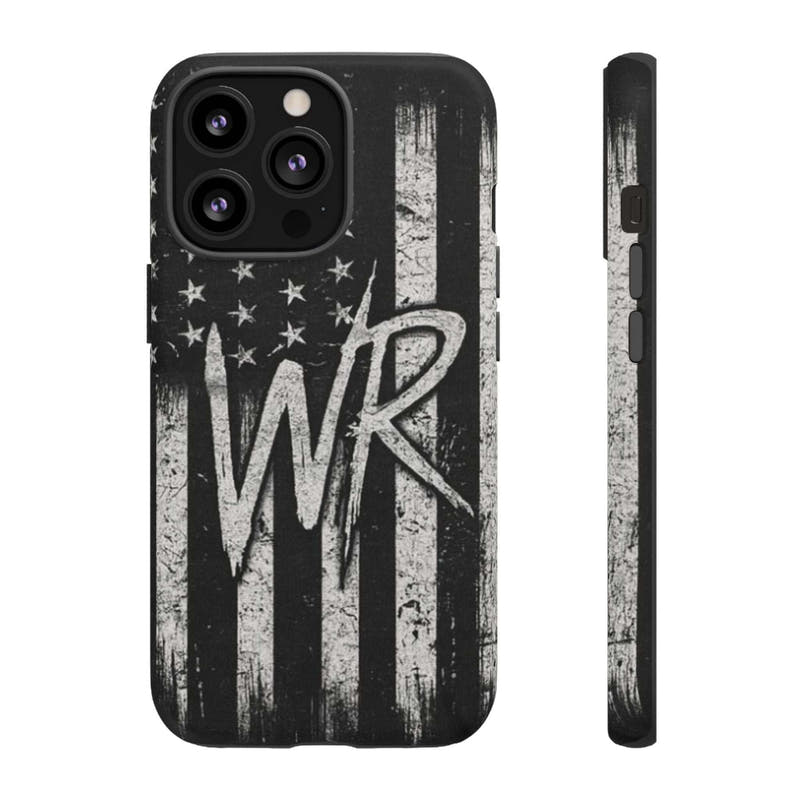 Patriotic monogram tough phone case featuring a distressed American flag design with the initials WR by Printify.