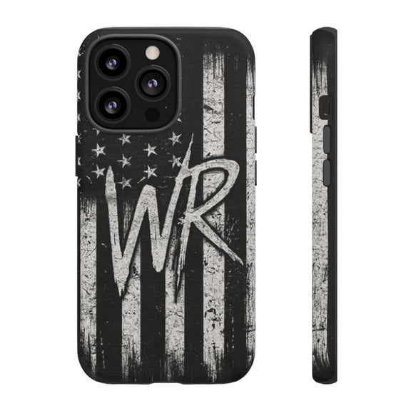 Patriotic monogram tough phone case featuring a distressed American flag design with the initials WR by Printify.