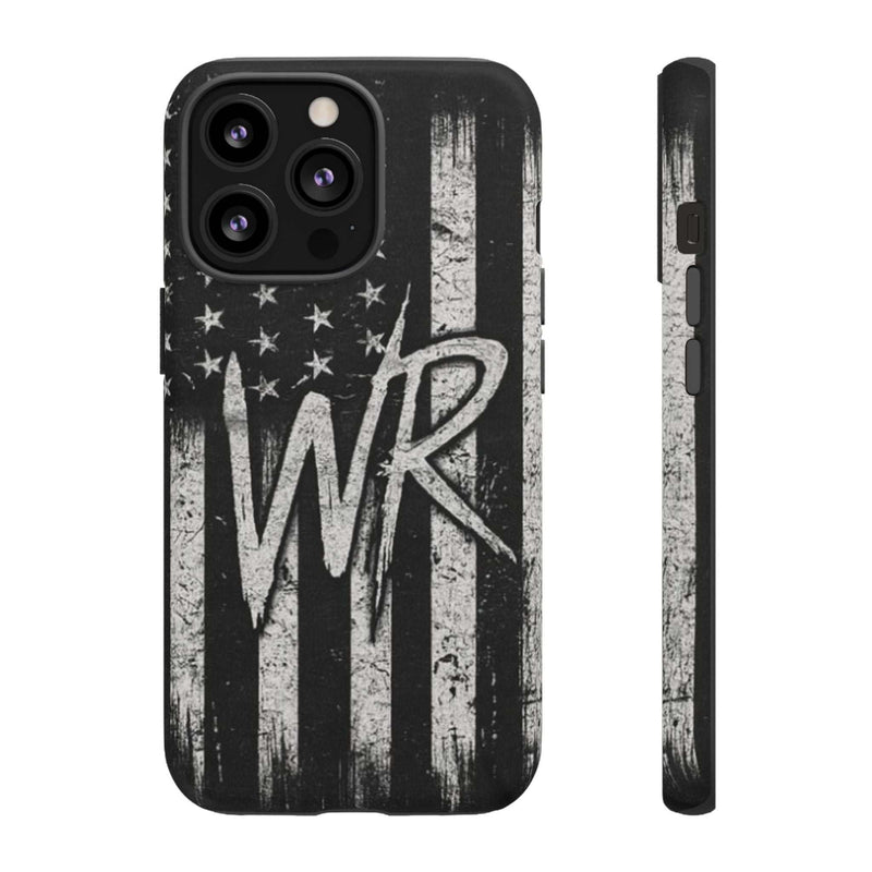 Patriotic monogram tough phone case featuring a distressed American flag design with the initials WR by Printify.