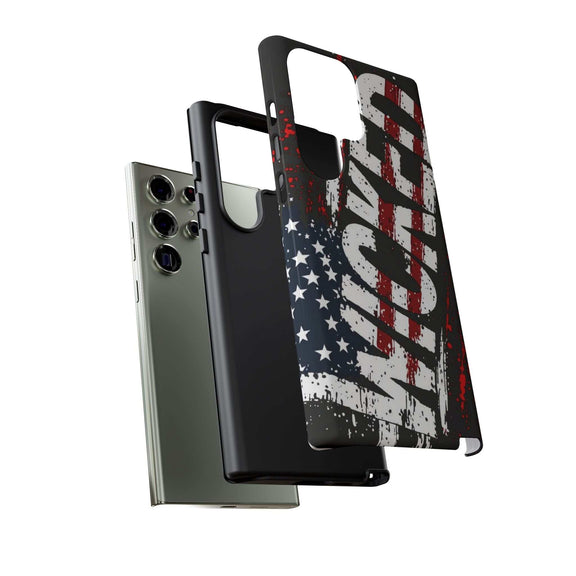 Distressed American flag phone case with "VETERAN" graphic by Printify, showcasing rugged patriotic design.