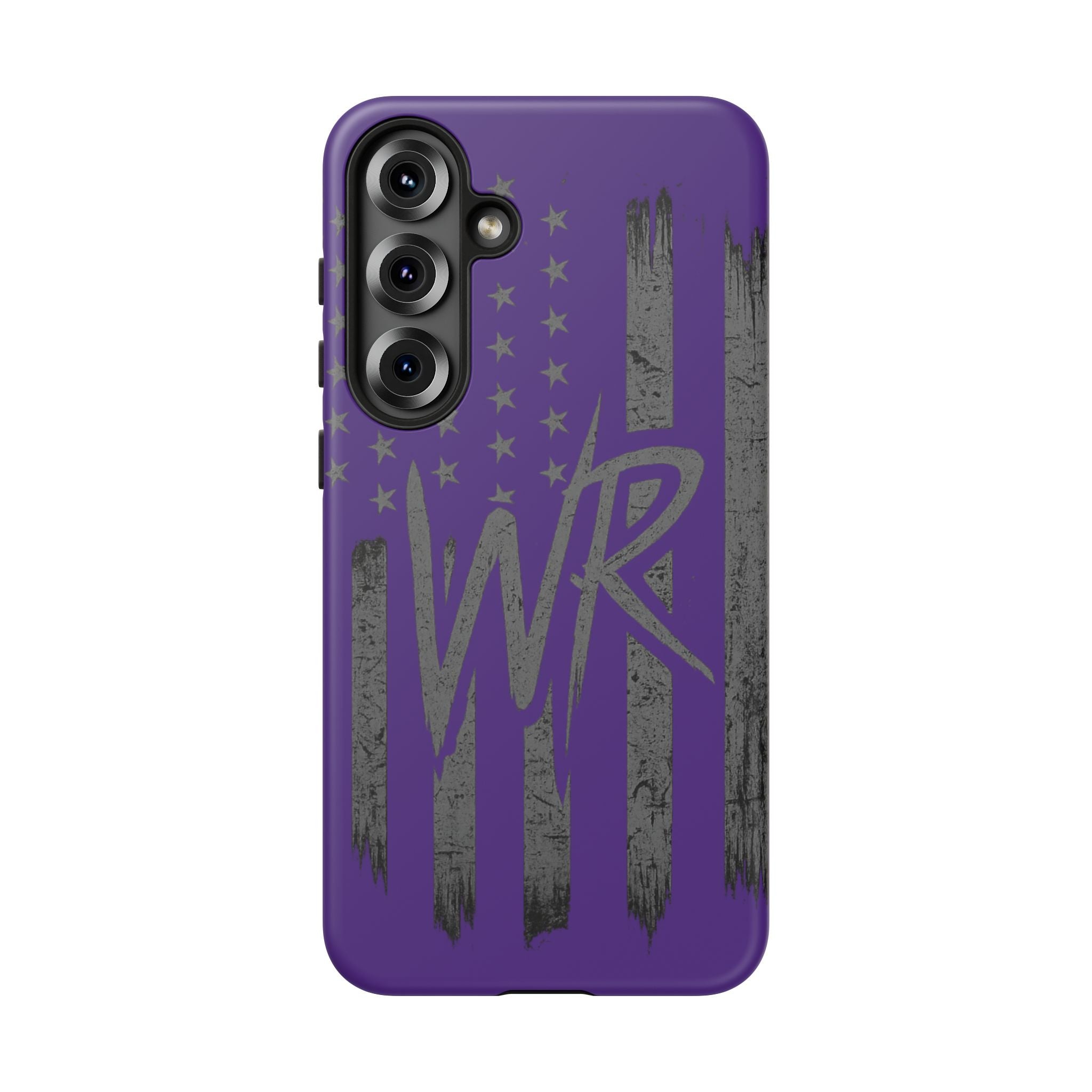 Purple 'WR' flag tough phone case by Printify, showcasing durable design and vibrant colors on a smartphone.