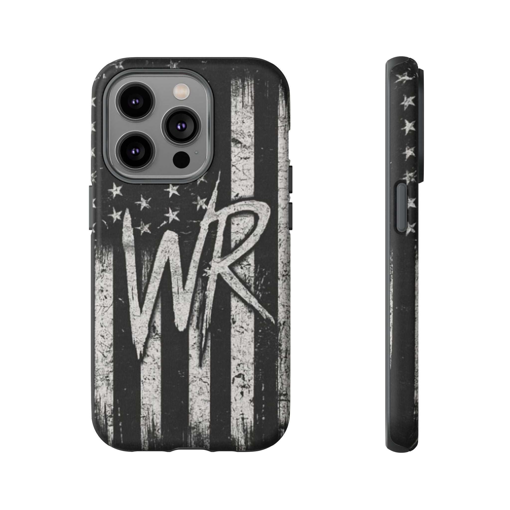 Distressed American flag design on a Patriotic Monogram Tough Phone Case with WR from Printify.