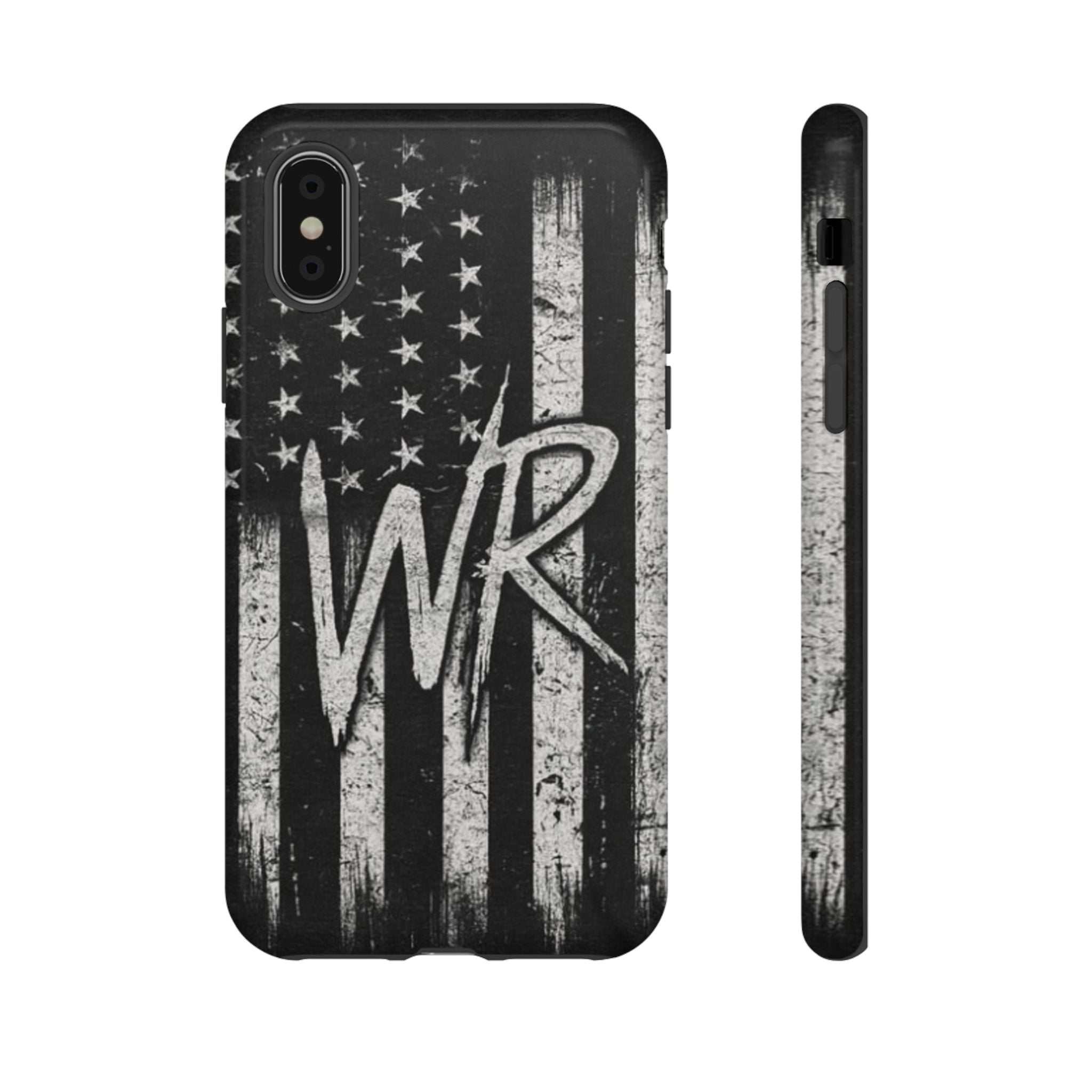 Patriotic monogram tough phone case featuring a distressed American flag design with the initials WR.