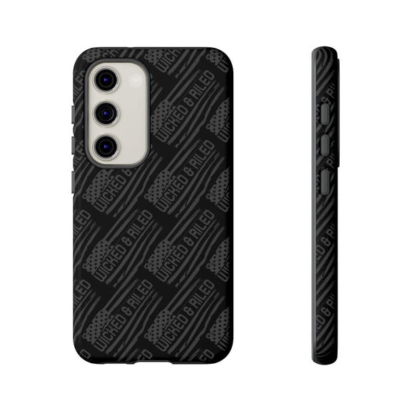 Rugged black protective phone case by Printify with a textured TOUGH CASES pattern, showcasing durability and style.