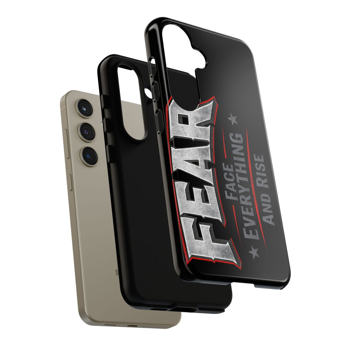Fear phone case by Printify featuring a motivational design with the phrase "Face Everything and Rise."