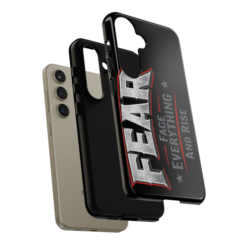 Fear phone case by Printify featuring a motivational design with the phrase "Face Everything and Rise."