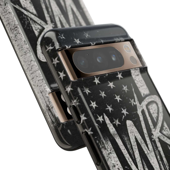 Patriotic monogram tough phone case featuring a distressed American flag design with the initials WR by Printify.