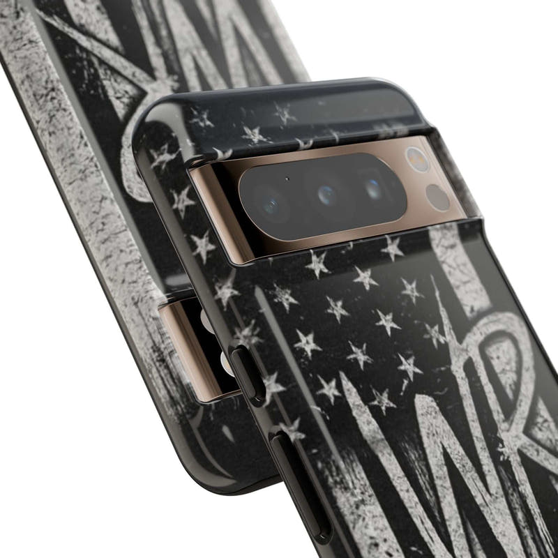 Patriotic monogram tough phone case featuring a distressed American flag design with the initials WR by Printify.