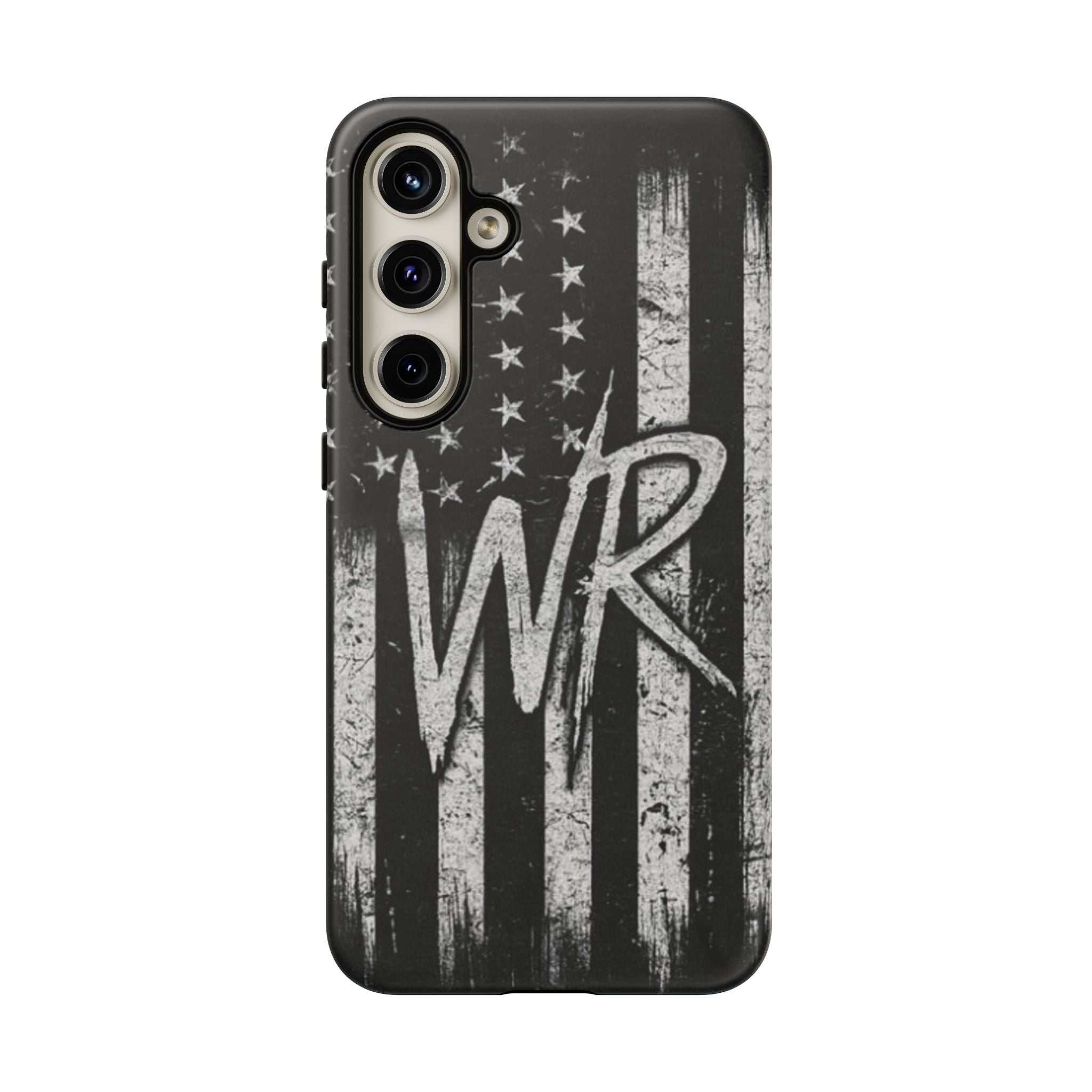 Distressed American flag design on Printify's patriotic monogram tough phone case featuring the letters WR.