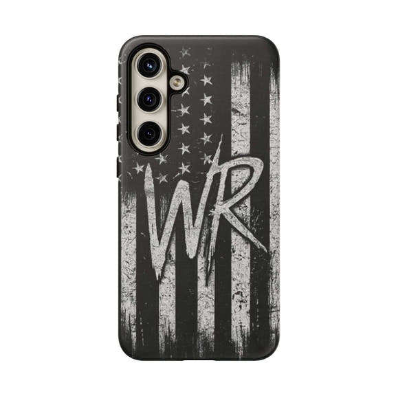 Distressed American flag design on Printify's patriotic monogram tough phone case featuring the letters WR.
