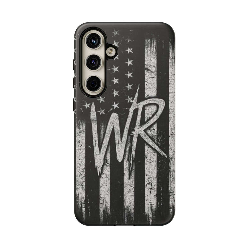 Distressed American flag design on Printify's patriotic monogram tough phone case featuring the letters WR.