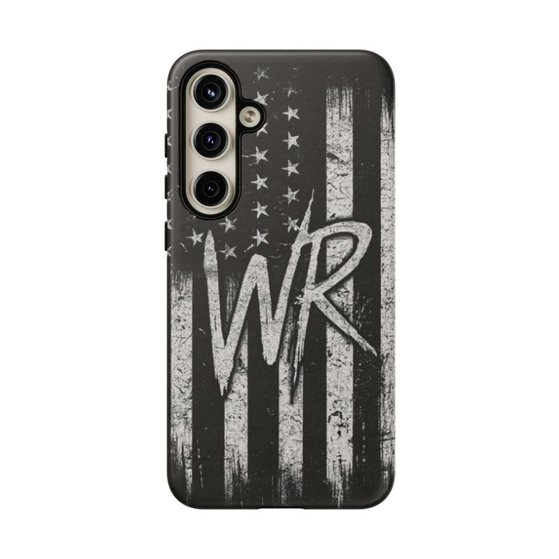 Distressed American flag design on Printify's patriotic monogram tough phone case featuring the letters WR.
