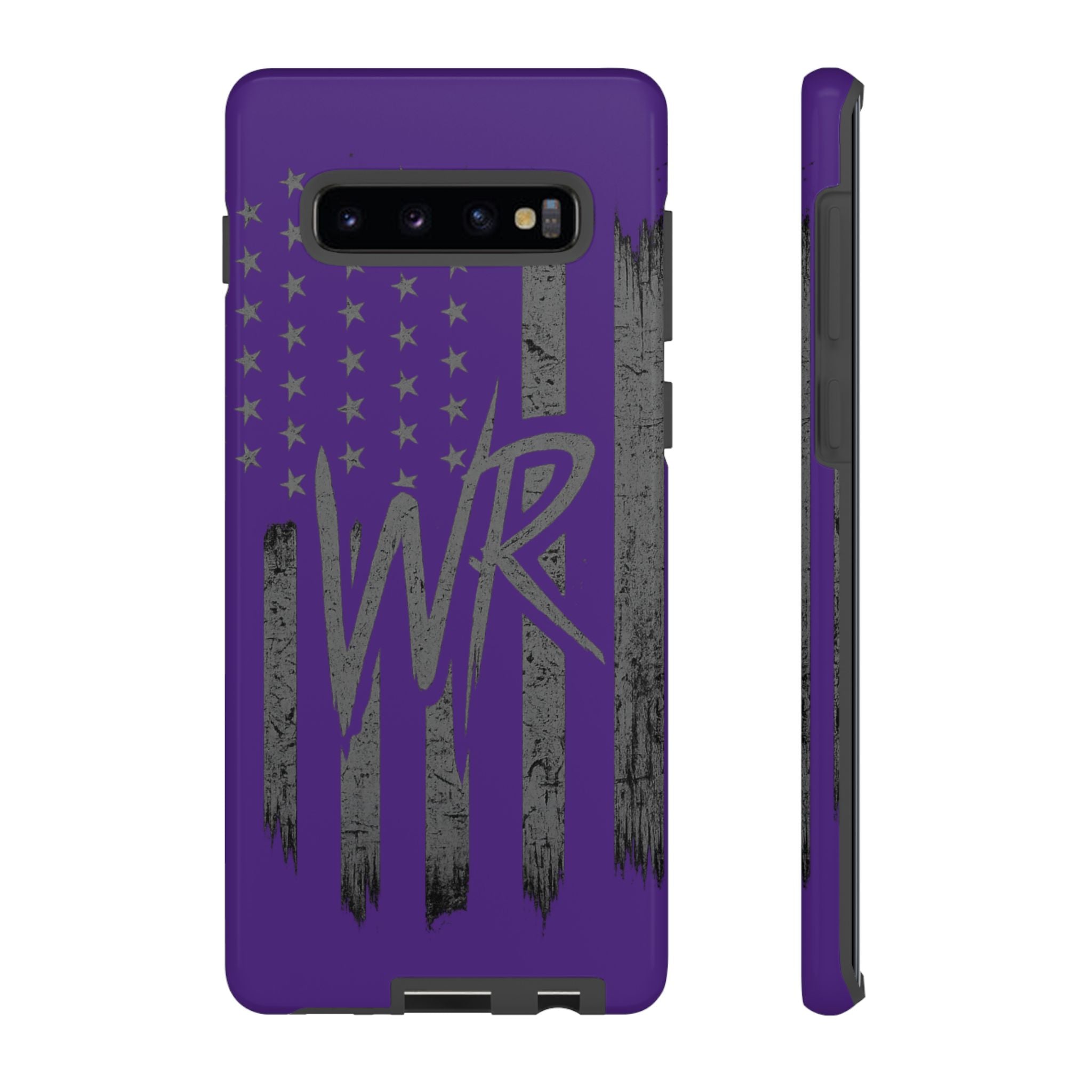 Purple 'WR' flag design on a tough phone case by Printify, showcasing durability and style for smartphone protection.