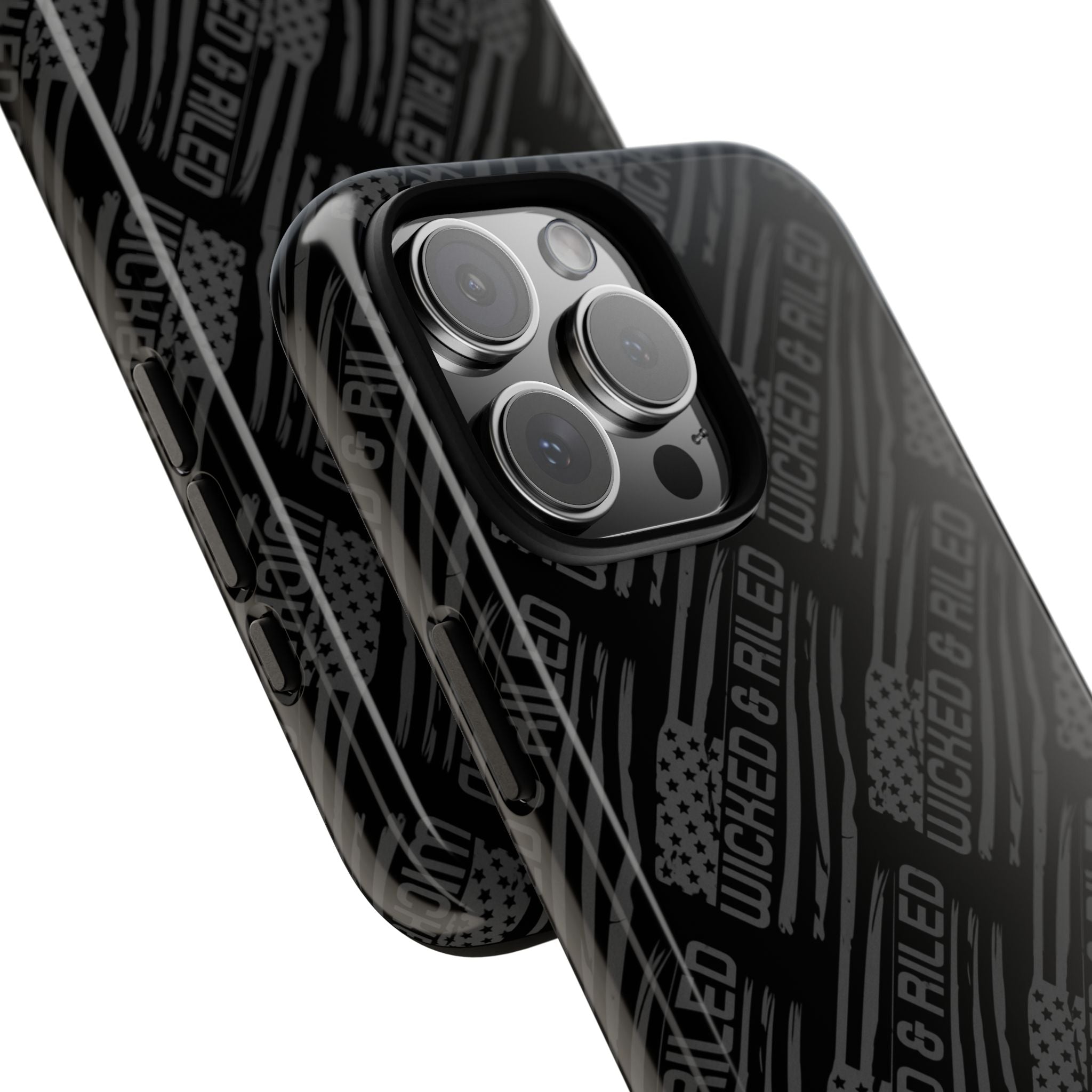 Rugged black protective phone case with 'TOUGH CASES' text pattern by Printify, showcasing durable design and texture.