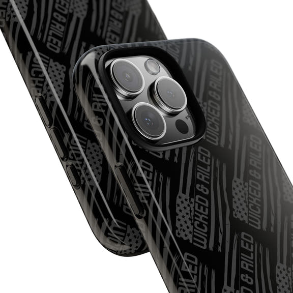 Rugged black protective phone case with 'TOUGH CASES' text pattern by Printify, showcasing durable design and texture.