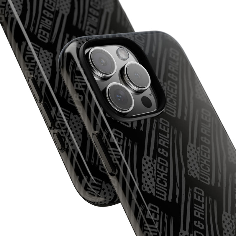 Rugged black protective phone case with 'TOUGH CASES' text pattern by Printify, showcasing durable design and texture.