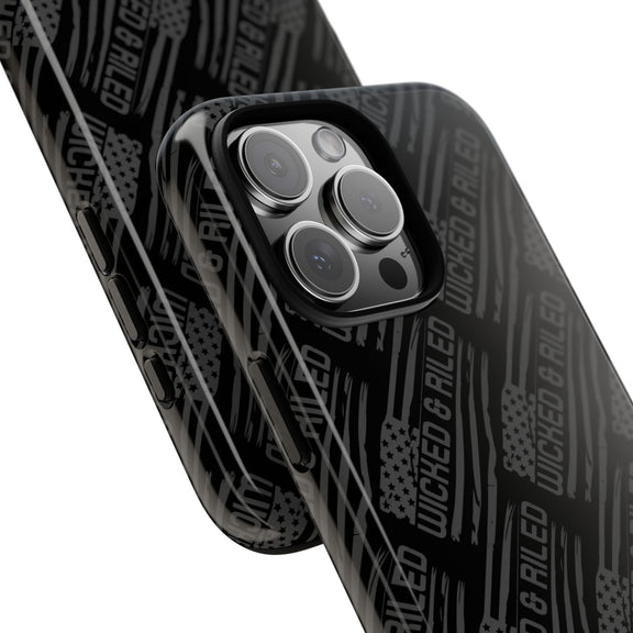 Rugged black protective phone case with 'TOUGH CASES' text pattern by Printify, showcasing durable design and texture.