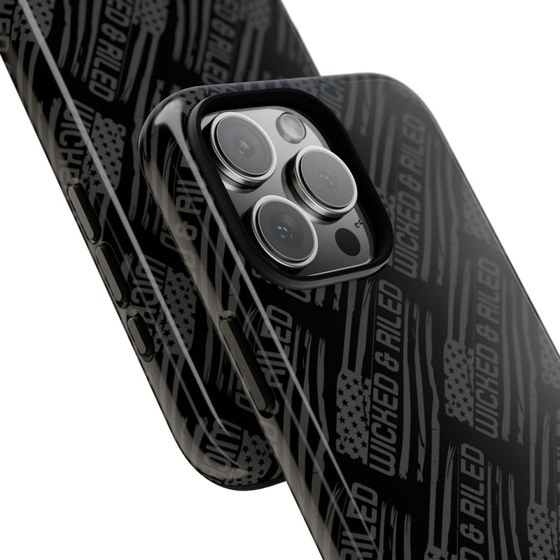 Rugged black protective phone case with 'TOUGH CASES' text pattern by Printify, showcasing durable design and texture.