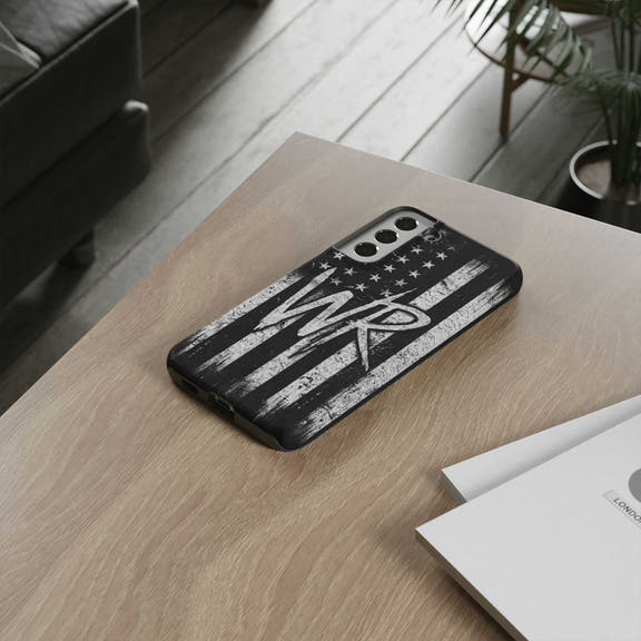 Distressed American flag phone case by Printify featuring a patriotic monogram "WR" design.