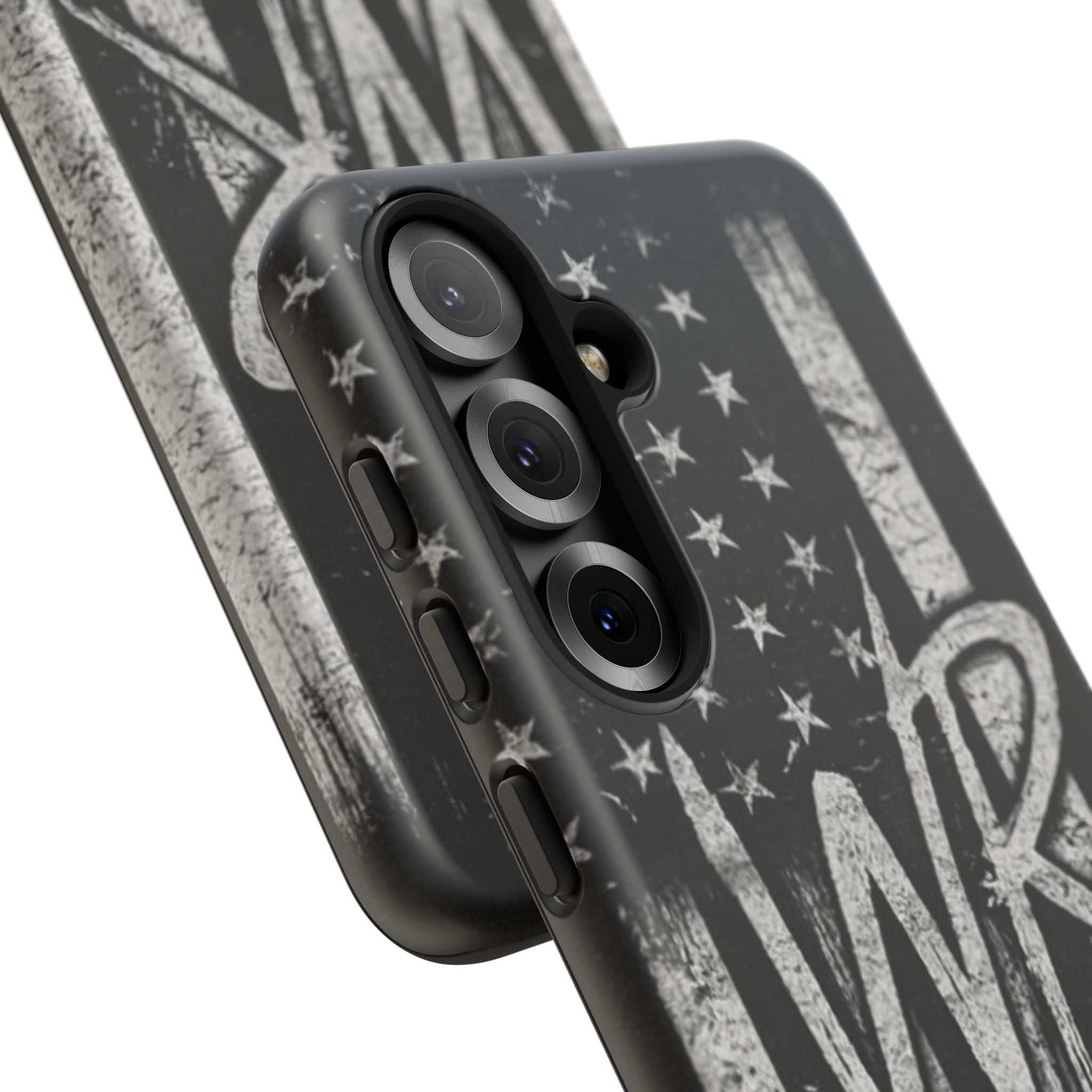 Distressed American flag phone case featuring a WR monogram, designed by Printify for tough protection.