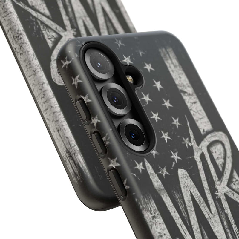 Distressed American flag phone case featuring a WR monogram, designed by Printify for tough protection.