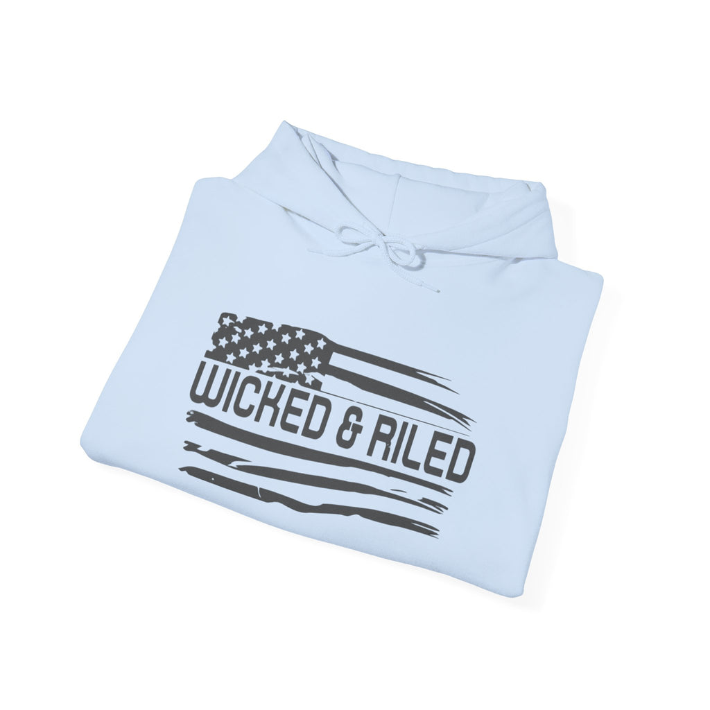 Wicked & Riled Flag Hoodie — Distressed American Logo Pullover