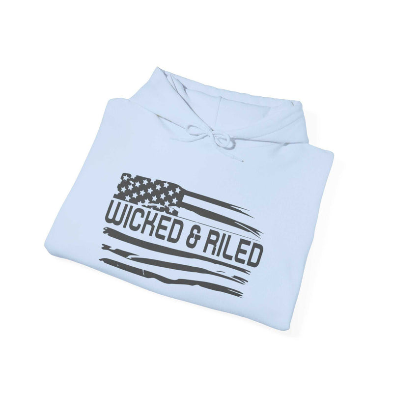 Distressed American logo on a Wicked & Riled pullover hoodie by Printify, featuring a cozy, casual design.