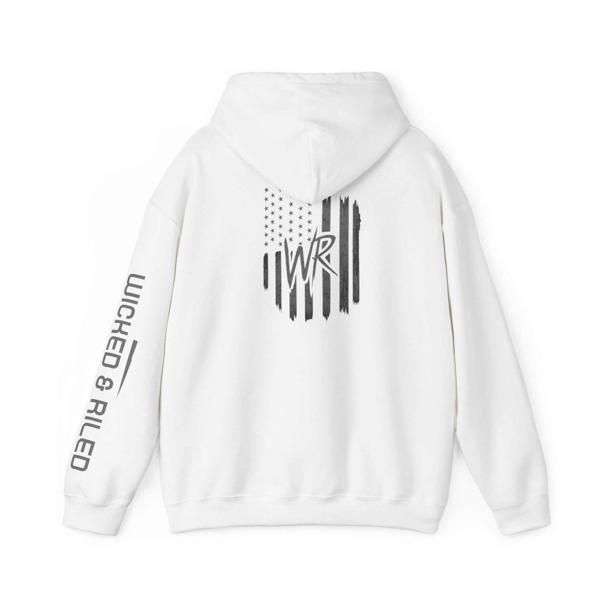 Distressed American logo on a Wicked & Riled pullover hoodie in a cozy fit from Printify.