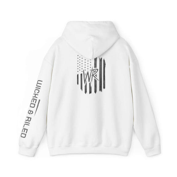 Distressed American logo on a Wicked & Riled pullover hoodie in a cozy fit from Printify.