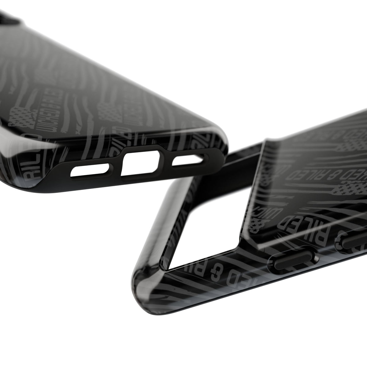 Rugged black protective phone case with "TOUGH CASES" text pattern by Printify, showcasing durable design and texture.