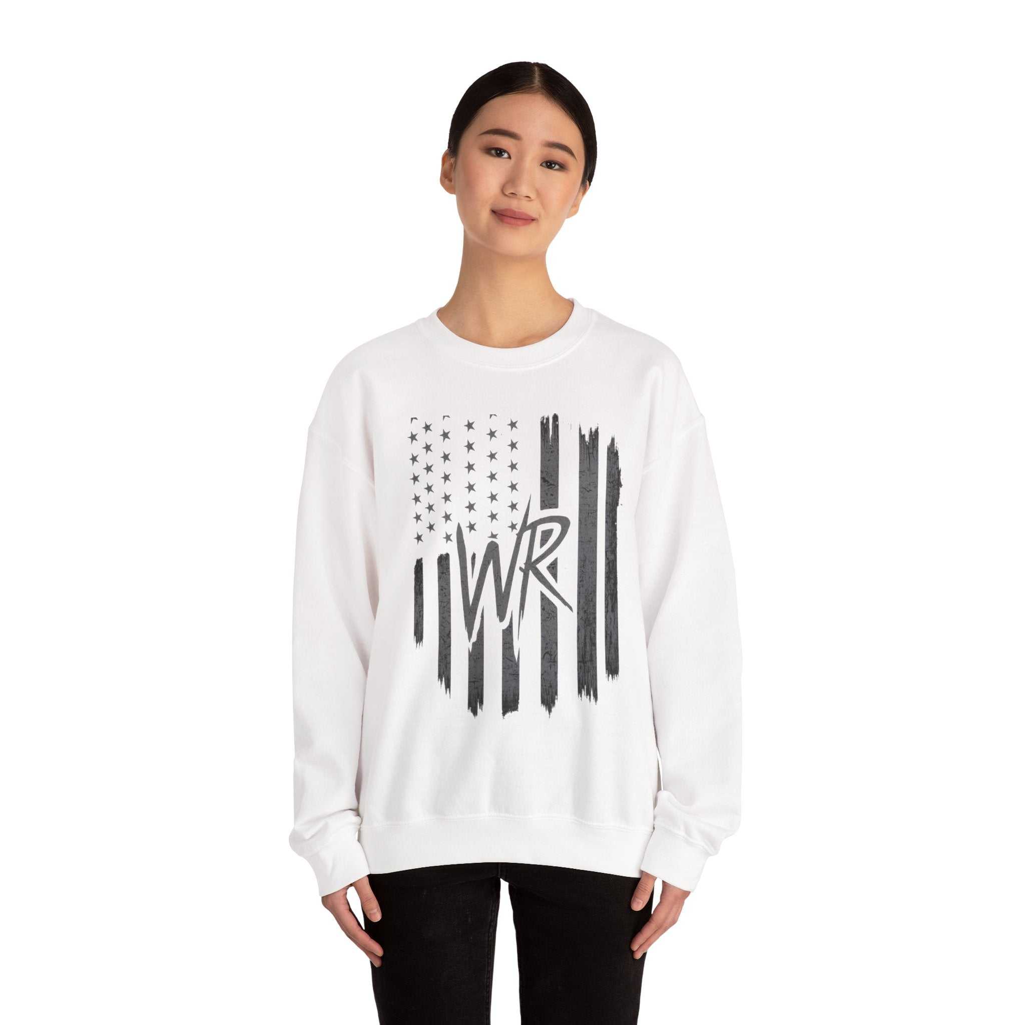 Distressed American flag crewneck sweatshirt with WR monogram, showcasing a patriotic pullover design by Printify.