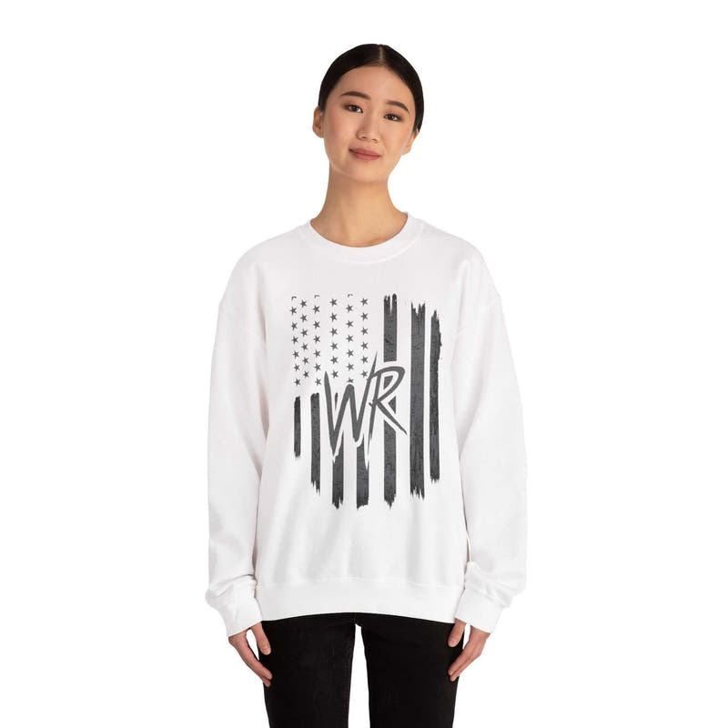 Distressed American flag crewneck sweatshirt with WR monogram, showcasing a patriotic pullover design by Printify.