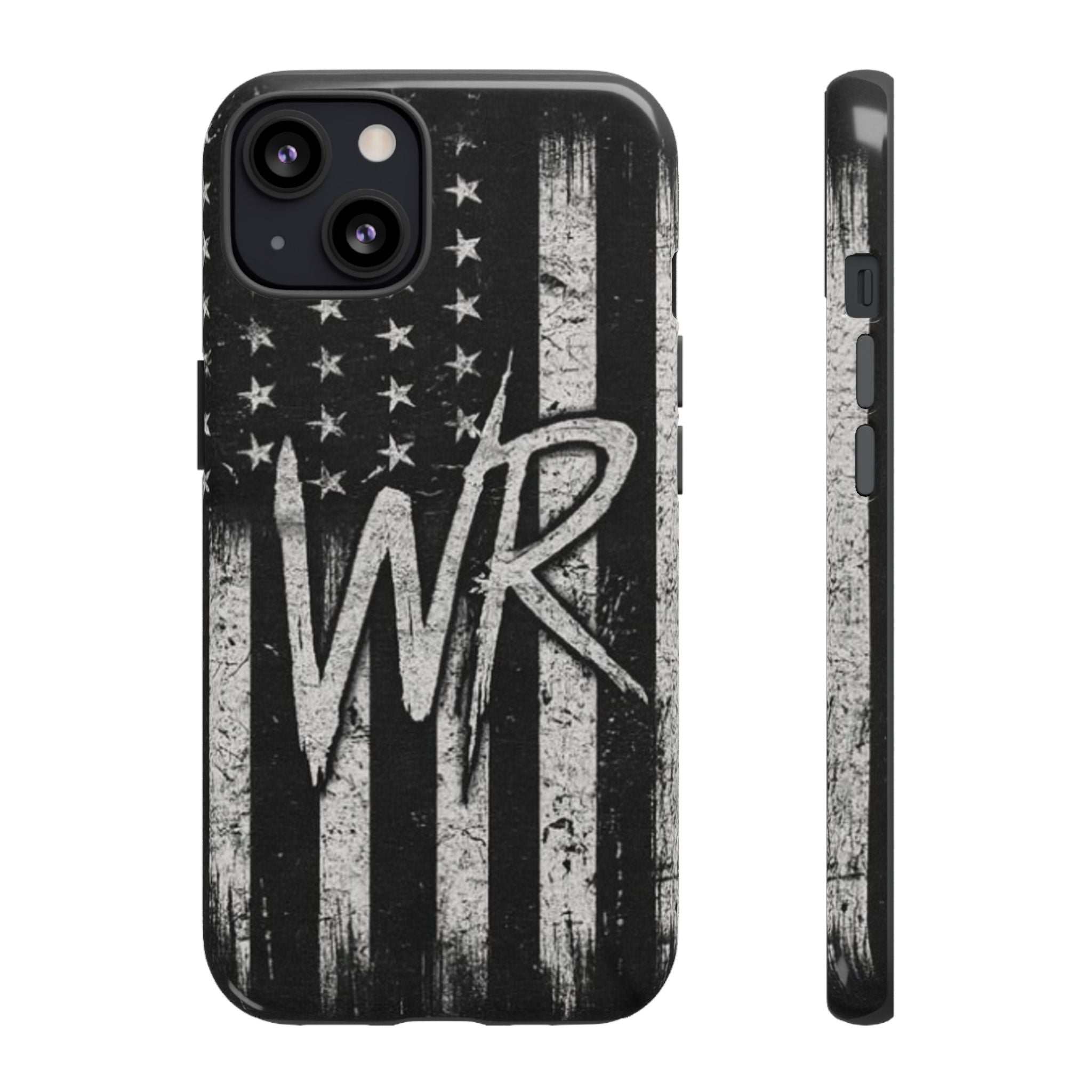 Distressed American flag phone case featuring a monogram WR by Printify, designed for tough protection.