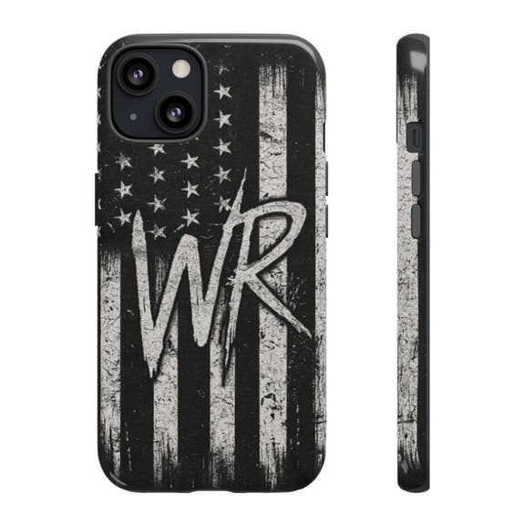 Distressed American flag phone case featuring a monogram WR by Printify, designed for tough protection.