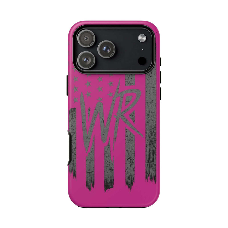 Pink 'WR' Flag Tough Phone Case by Printify, showcasing a durable design with a vibrant flag pattern.