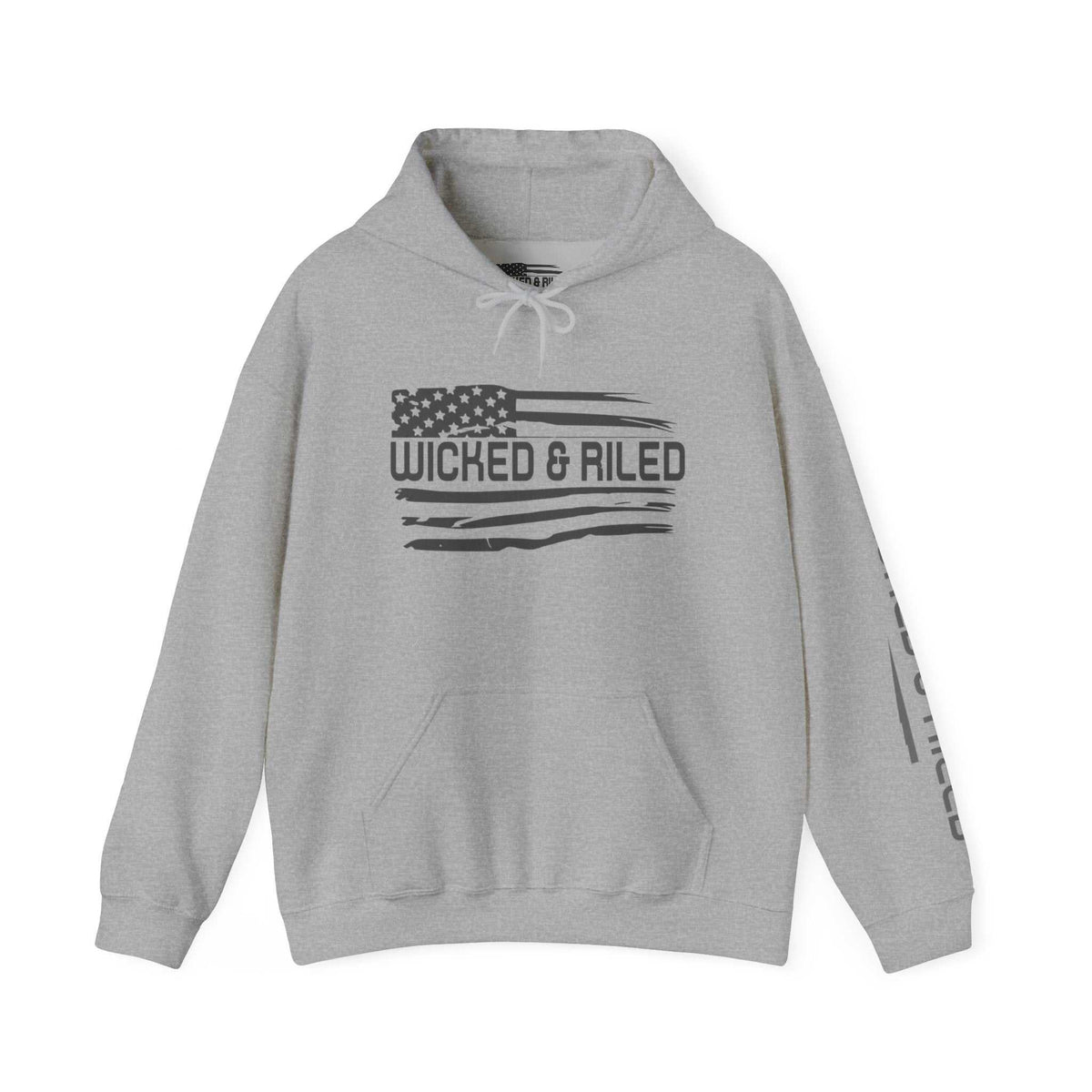 Distressed American logo on a Wicked & Riled Printify hoodie pullover, featuring a relaxed fit and cozy design.