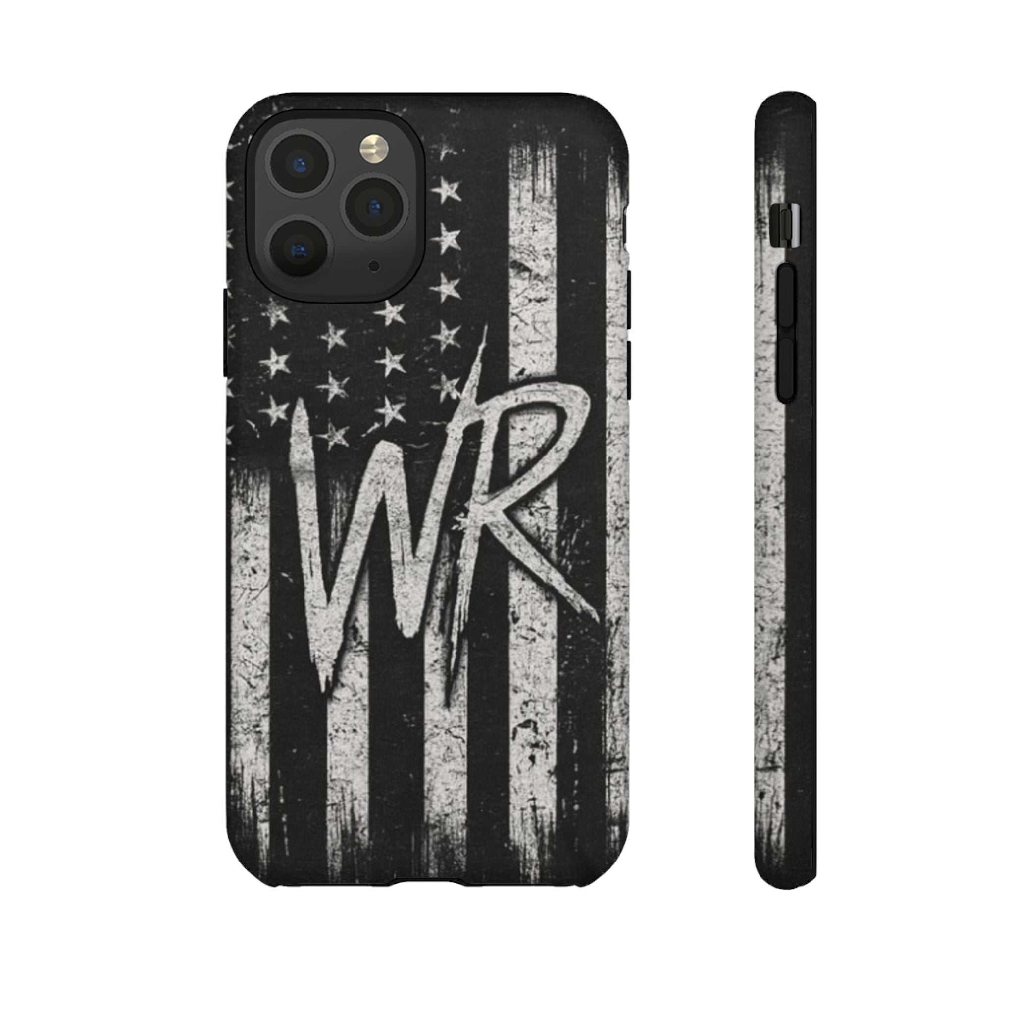 Distressed American flag phone case featuring a monogram "WR" by Printify, providing stylish protection for your device.