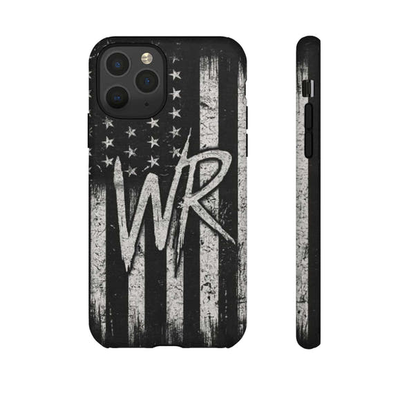 Distressed American flag phone case featuring a monogram "WR" by Printify, providing stylish protection for your device.