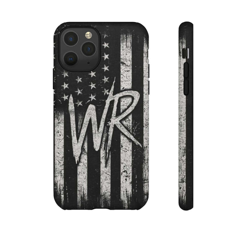 Distressed American flag phone case featuring a monogram "WR" by Printify, providing stylish protection for your device.