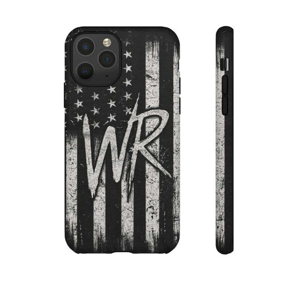 Distressed American flag phone case featuring a monogram "WR" by Printify, providing stylish protection for your device.