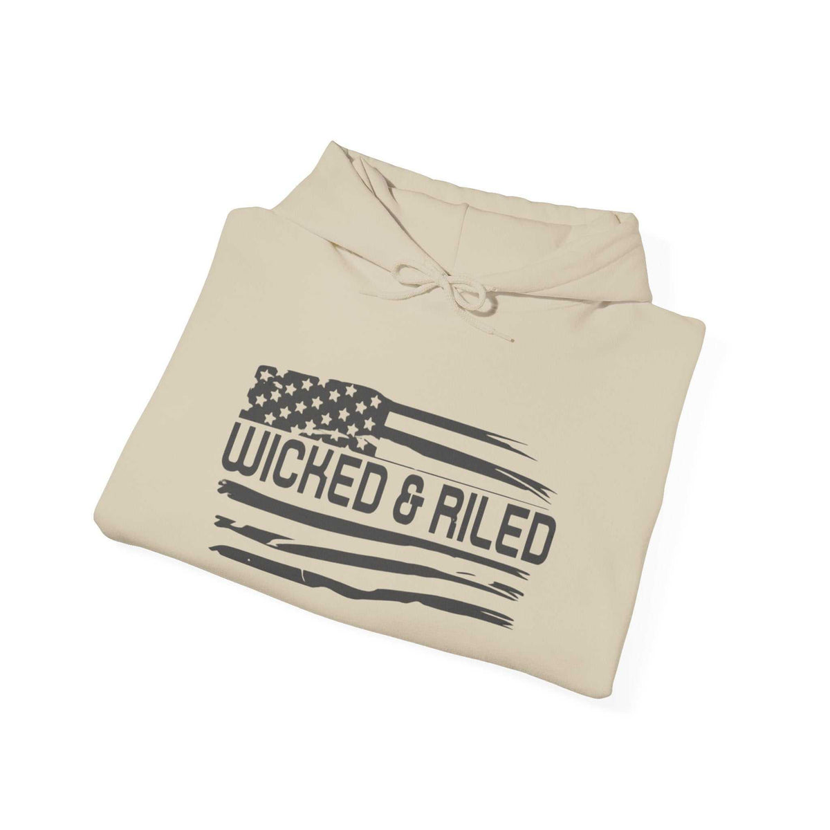 Distressed American logo on a Wicked & Riled pullover hoodie in a casual, relaxed fit.