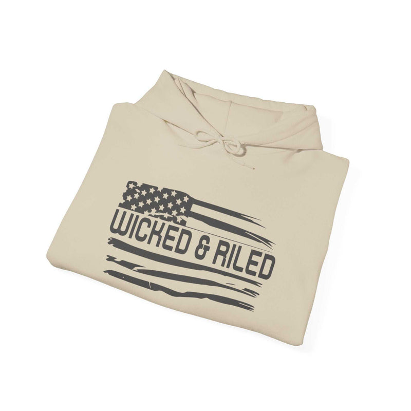 Distressed American logo on a Wicked & Riled pullover hoodie in a casual, relaxed fit.