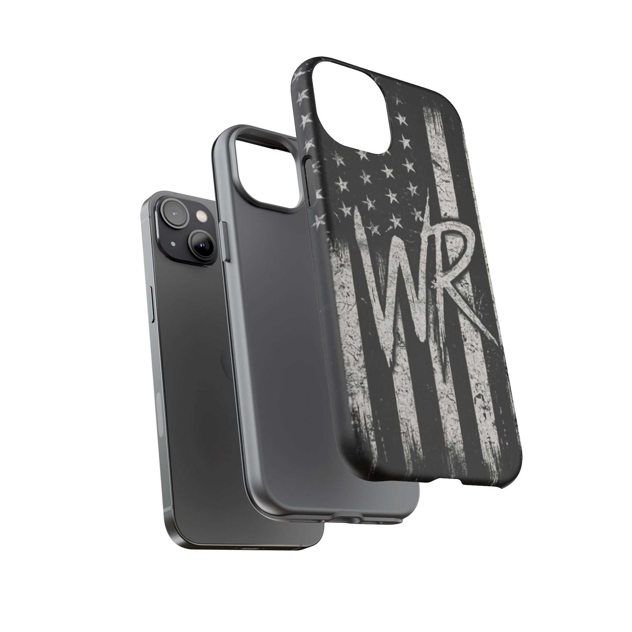 Distressed American flag design on a Patriotic Monogram Tough Phone Case featuring the initials WR by Printify.